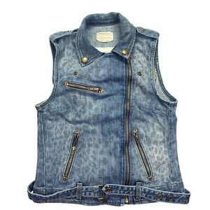 Current Elliott Denim Vest Sleeveless‎ Moto Biker Leopard Destroy Blue Size 1